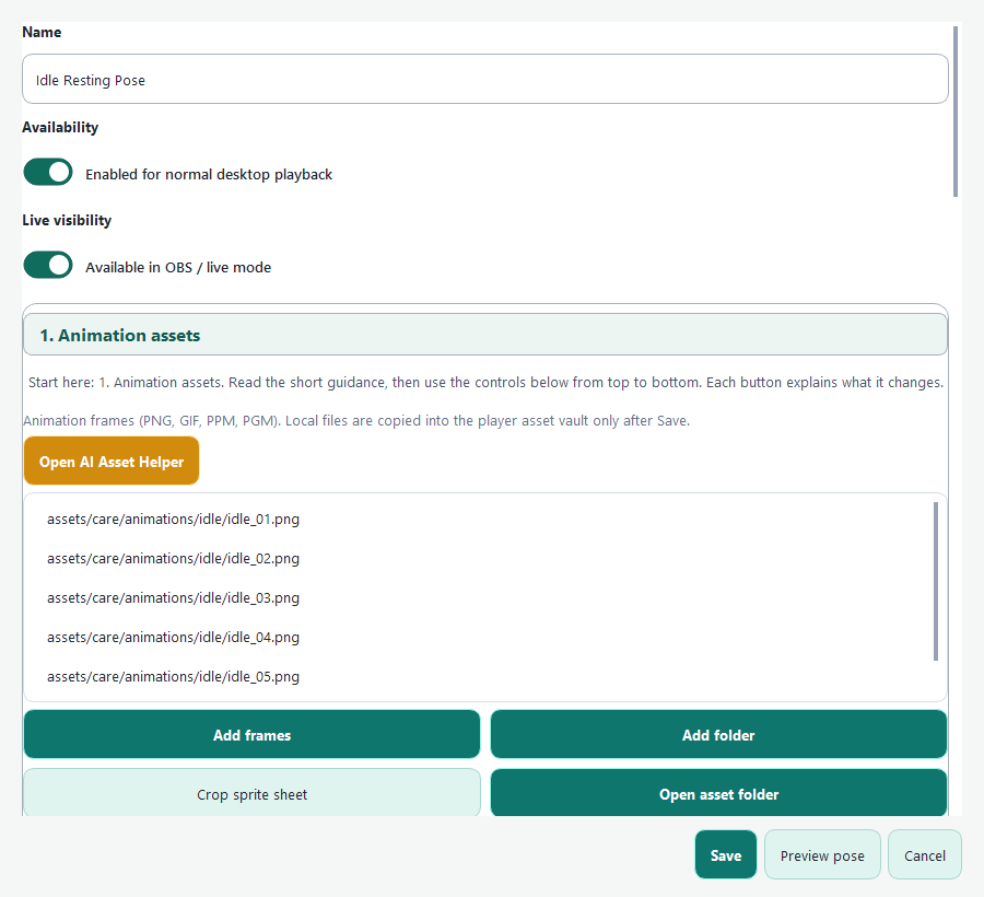 English Idle Resting Pose editor showing the Animation assets list and Add Frames button